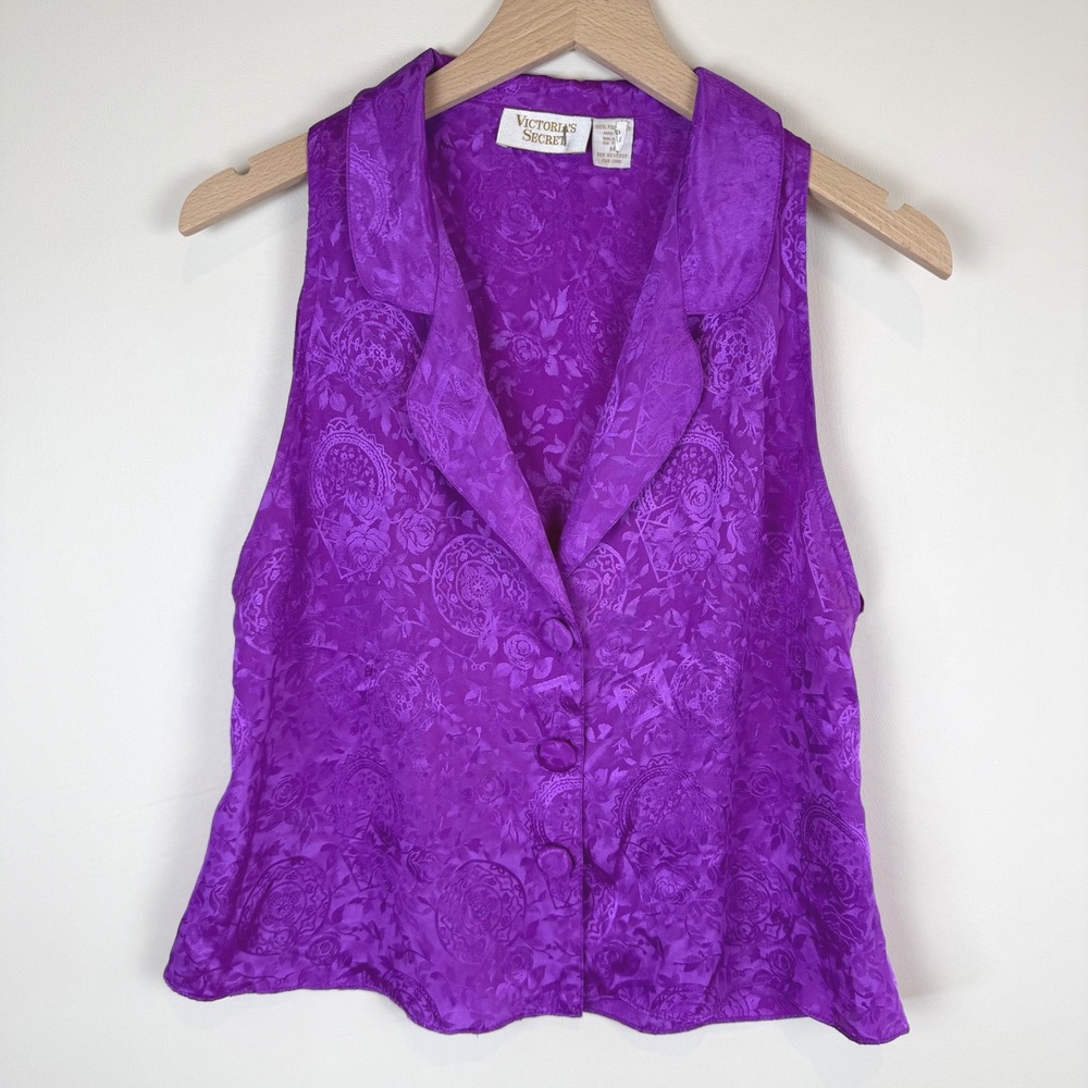 Vintage Victorias Secret Gold Label Purple Satin Sleeveless Pajama Top M Y2K